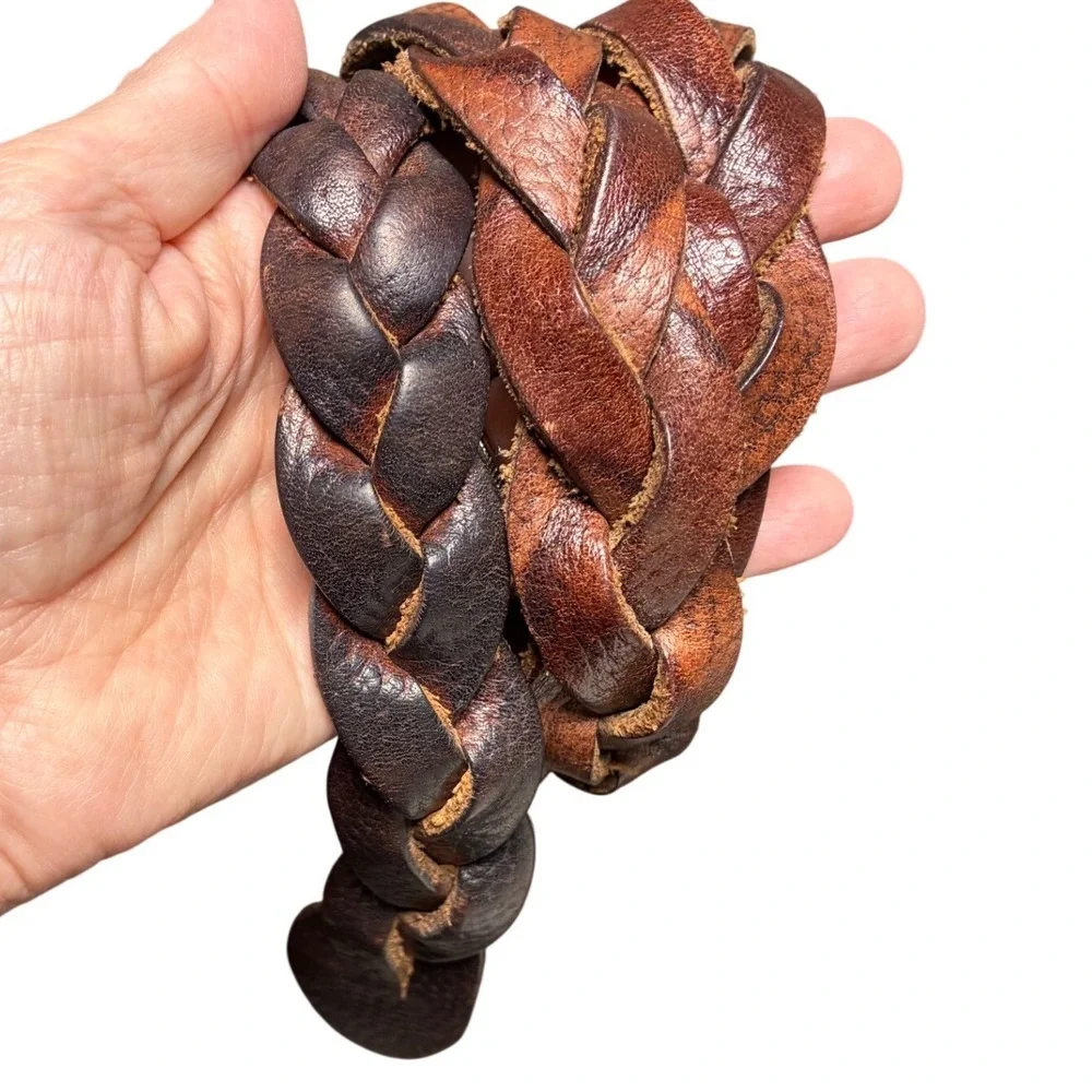 Men Braided Woven Leather Belt Brown Antique Brass Buckle Boho Western 32 34